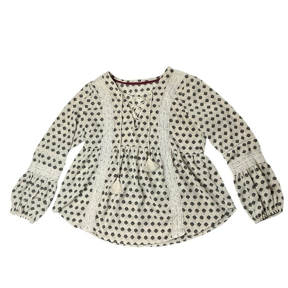 Hint of Mint Lace Up Peasant Blouse Cream and Black Boho Bohemian Cottage Core - Picture 12 of 16